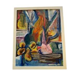 Mid Century Framed Modern Abstract Impression Oil on Canvas Still Life Signed